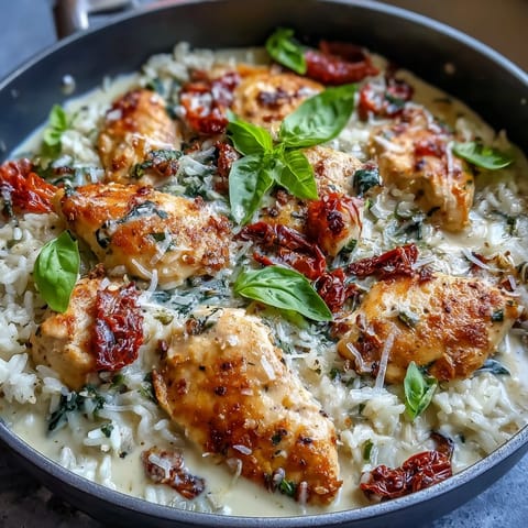 Tender chicken pieces in a creamy Parmesan sauce with fluffy rice, wilted spinach, and vibrant red tomatoes.