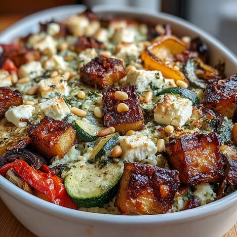 Freshly baked Roasted Veggie & Feta Couscous Bake served warm from the oven, garnished with pine nuts and a hint of chili flakes.