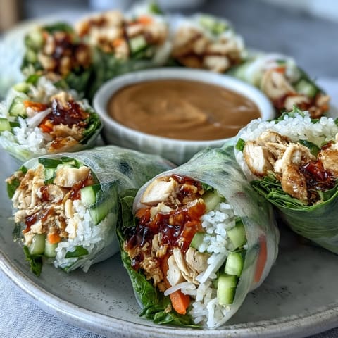 Fresh spring rolls filled with shredded chicken, crisp vegetables, and herbs, served with a creamy peanut dipping sauce.