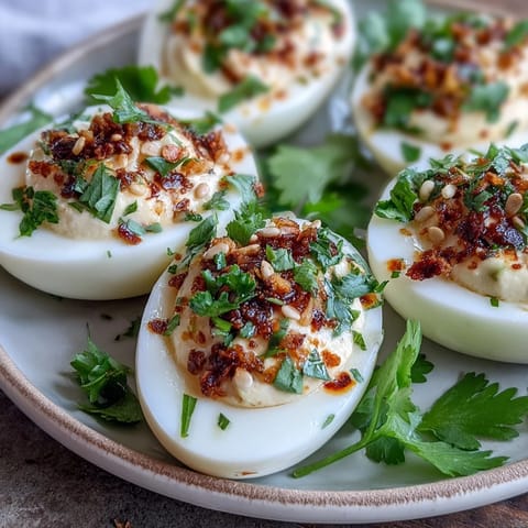 Spicy Chili Garlic Deviled Eggs with a creamy, tangy filling and a sizzling chili garlic oil topping for bold heat and crunch.