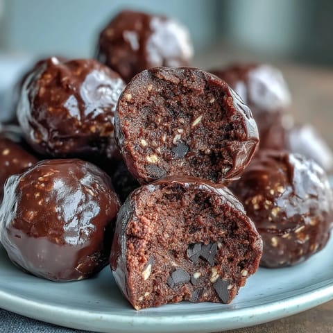 Vegan chocolate peanut butter protein balls arranged on a white plate, drizzled with melted chocolate and sprinkled with crushed peanuts.