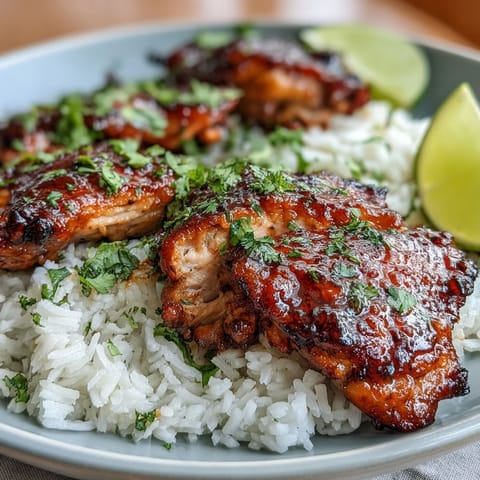 Golden-baked chicken breasts in a sweet-spicy maple-soy glaze, paired with creamy jasmine coconut rice.  