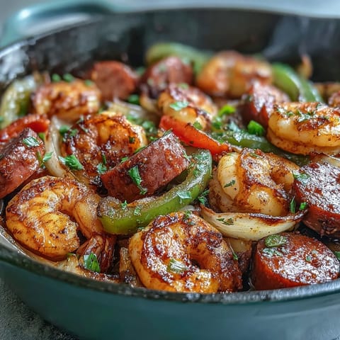 A sizzling skillet of Cajun shrimp and sausage with vibrant bell peppers and onions, seasoned to perfection for a low-carb dinner.