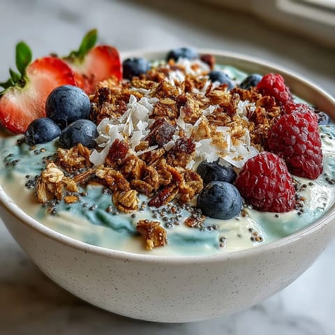 A colorful berry Greek yogurt smoothie bowl topped with chia seeds, granola, and fresh fruit for a nutritious breakfast.