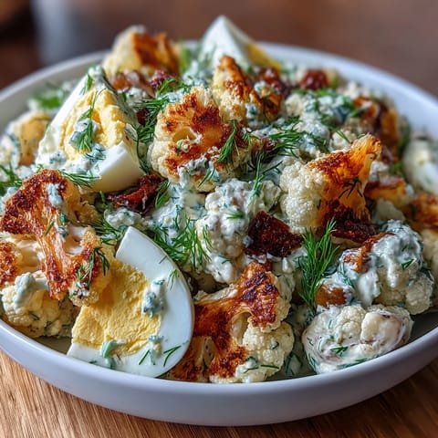 Keto cauliflower potato salad with dill pickles and eggs, roasted florets tossed in creamy dressing with crunchy celery and fresh herbs.  