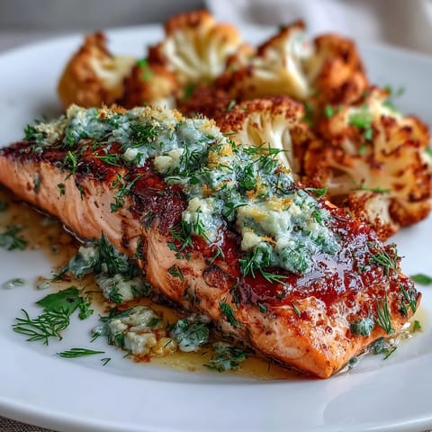 Tender salmon baked with fragrant herb butter, paired with smoky roasted cauliflower for a flavorful low-carb meal.