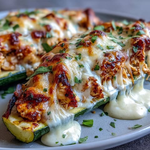 Creamy garlic chicken zucchini boats baked with melted mozzarella and Parmesan for a delicious keto dinner.  