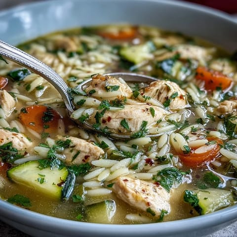 A comforting bowl of lemon chicken and zucchini orzo soup, featuring diced vegetables, orzo pasta, and zesty lemon, perfect for a nourishing meal.  