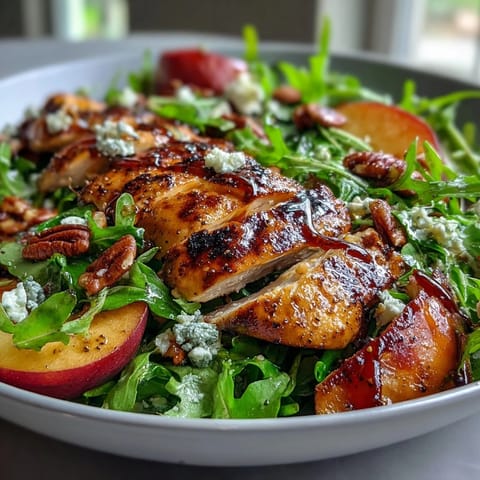 A vibrant summer salad with grilled peaches, arugula, chicken, and feta, topped with a tangy balsamic reduction.  