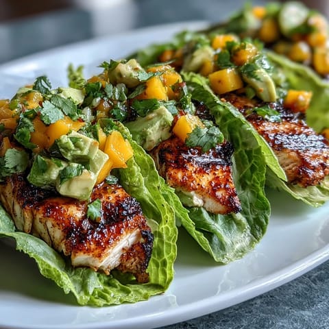 Light and flavorful grilled fish tacos topped with zesty mango salsa and served in crunchy lettuce shells for a low-carb twist.