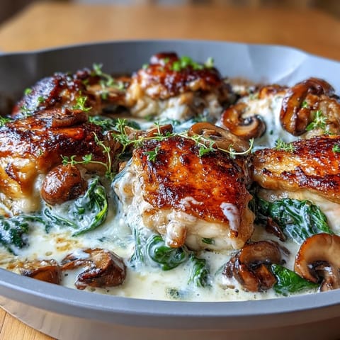 Golden seared chicken breasts with sautéed mushrooms and wilted spinach in a creamy, low-carb skillet meal.  
