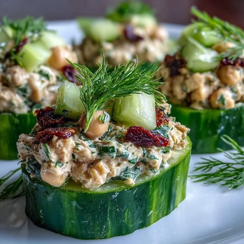 Fresh vegan chickpea tuna salad is spooned into crisp cucumber boats for a colorful, protein-rich appetizer or light lunch.  