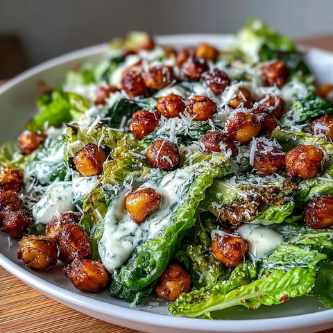 A colorful vegan Caesar salad with crispy roasted chickpeas and creamy cashew dressing for a dairy-free twist on a classic favorite.  