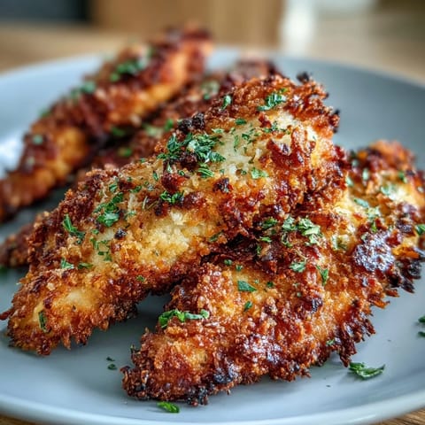 Crispy Parmesan-crusted chicken tenders with a crunchy almond coating served alongside creamy ranch slaw.  