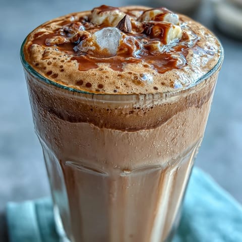 Creamy coffee protein shake with banana, vanilla, and almond milk blended until smooth and frothy.