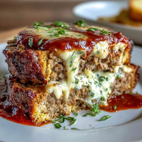 A juicy Italian meatloaf topped with melted mozzarella and marinara sauce, baked to perfection for a comforting family dinner.  