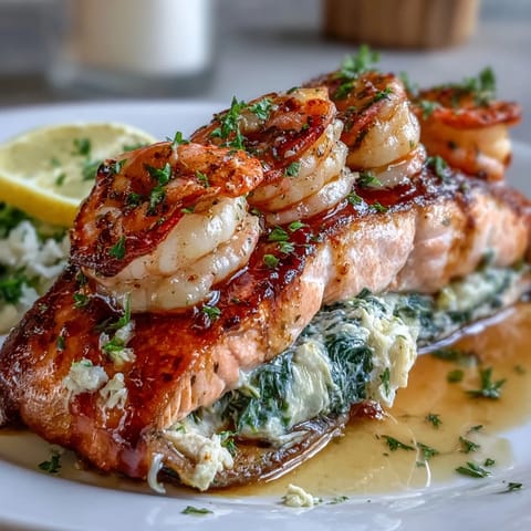 Elegant seafood dinner of salmon stuffed with crab, shrimp, and Boursin cheese, garnished with lemon wedges and fresh herbs.  