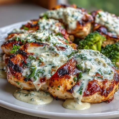 Grilled chicken and broccoli arranged in a bowl, topped with velvety garlic cream sauce for a satisfying keto dinner.  