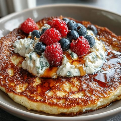 Fluffy baked protein pancake bowl with berries and chocolate chips, a warm and healthy breakfast packed with 40g protein.