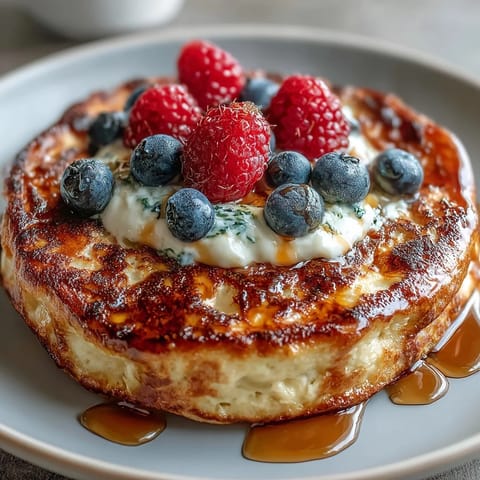 High-protein baked pancake bowl topped with fresh raspberries and creamy Greek yogurt, perfect for a make-ahead breakfast.