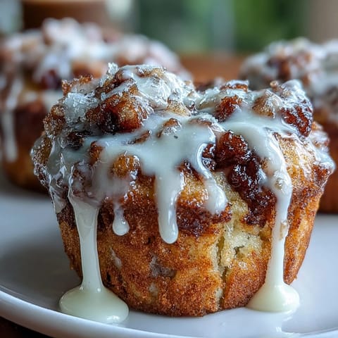 Golden Apple Fritter Muffins with tender crumb and cinnamon-spiced apple chunks, topped with a glossy powdered sugar glaze for a bakery-style treat.