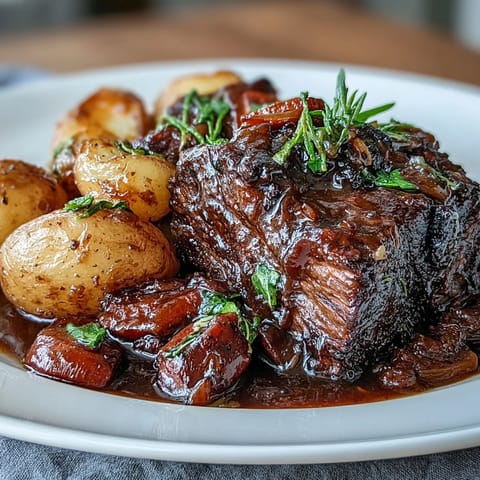 Slow cooker pot roast with onion soup mix, tender beef and vegetables simmering in rich, savory gravy.  