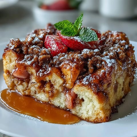 Galentines Brunch Strawberry French Toast Casserole with golden, crunchy topping and fresh berries served warm for sharing with friends.