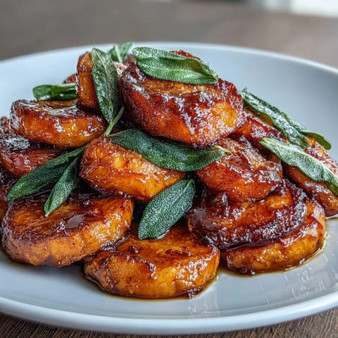 Golden candied yams glazed with brown butter and fresh sage, perfect for a cozy Thanksgiving table.  
