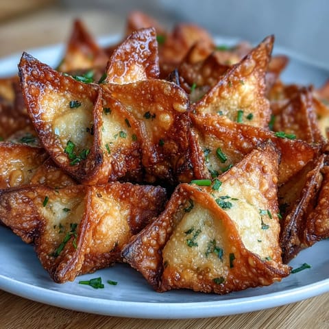 Crispy air-fried wontons filled with creamy cheese and green onions, golden and ready for dipping in sweet chili sauce.  