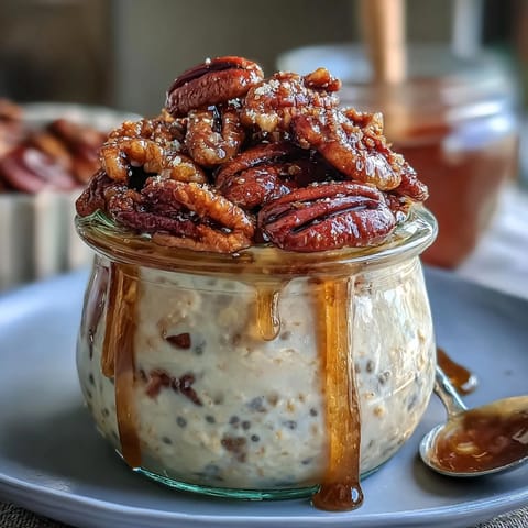 Creamy overnight oats with crunchy candied pecans and a drizzle of pure maple syrup for a delicious, make-ahead breakfast.