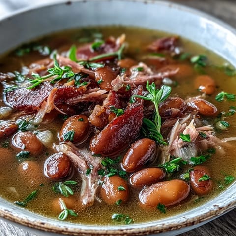 A steaming bowl of ham and navy bean soup, rich with tender beans, savory ham, and fresh thyme sprigs for rustic comfort.
