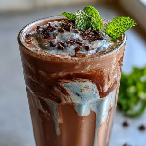 Creamy mint chocolate protein shake with frozen banana, blended smooth for a refreshing, post-workout treat.