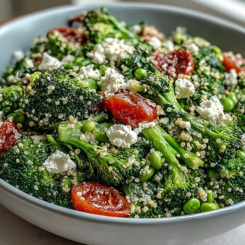 Vibrant quinoa grain bowl with broccoli, peas, and crumbled feta, drizzled with lemon Dijon dressing for a fresh, satisfying vegetarian meal.  