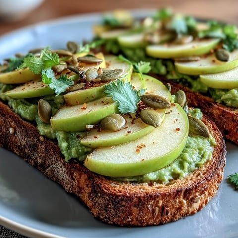 Creamy avocado spread on whole grain toast with crisp green apple slices and nutty pumpkin seeds.  
