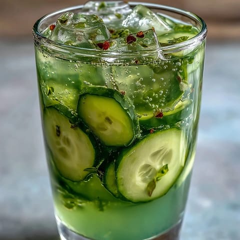 Two tall glasses filled with refreshing Cucumber, Apple, and Ginger Detox Juice, ice cubes clinking and steam rising from the chilled drink.
