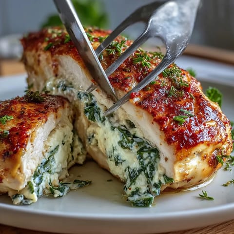 A mouthwatering photo of spinach and feta stuffed chicken breasts, golden brown and bursting with savory Mediterranean flavors.