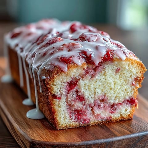 1. Moist strawberry swirl pound cake loaf with vanilla glaze, perfect for spring dessert or teatime treat.