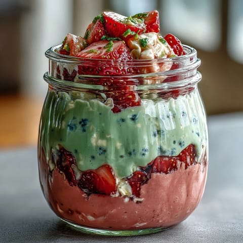 Strawberry Matcha Latte Overnight Oats in Mason Jars with creamy oats and fresh strawberries