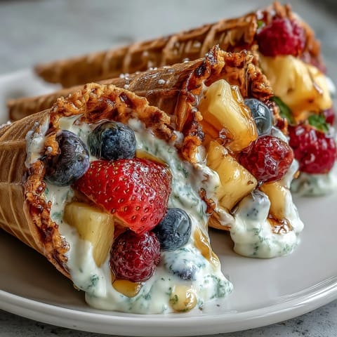 Fresh fruit cones with yogurt dip make a colorful, refreshing summer treat for parties and gatherings.