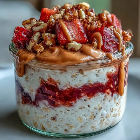 Creamy overnight oats with peanut butter, strawberry jam, and crunchy peanuts—perfect for a protein-packed breakfast.