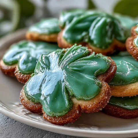 Shamrock-shaped sugar cookies with glossy green royal icing, perfect for festive St. Patrick's Day celebrations.