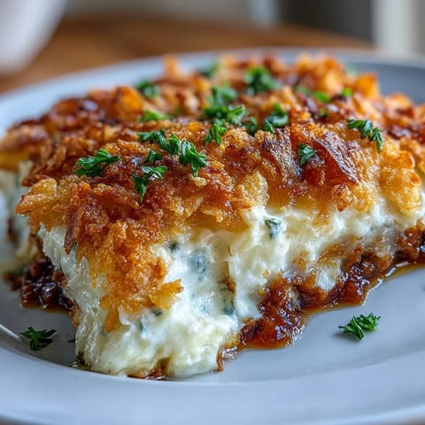 Comforting funeral potatoes shepherds pie mash-up with golden mashed potatoes, savory beef filling, and crunchy cornflake topping in a casserole dish.  