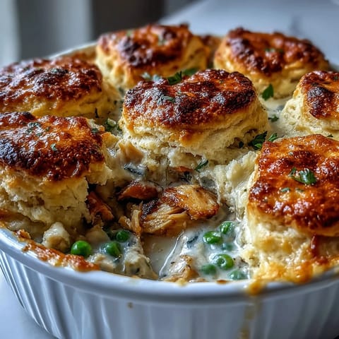 Golden creamy chicken pot pie with tender chicken and vegetables baked under a fluffy biscuit topping.