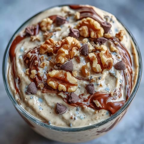 High-protein overnight oats with cookie dough flavor, topped with chocolate chips and creamy almond butter for a satisfying breakfast.