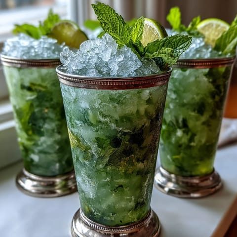 Refreshing Kentucky Derby mini mint julep mocktails in vintage silver cups, garnished with fresh mint and lemon slices.  