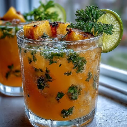 Pineapple Basil Agua Fresca in a clear glass with ice, garnished with fresh basil and lime slices, refreshing summer drink