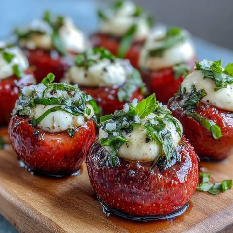 Vibrant strawberry caprese skewers with mozzarella and basil, finished with balsamic drizzle for a sweet-tangy summer appetizer.