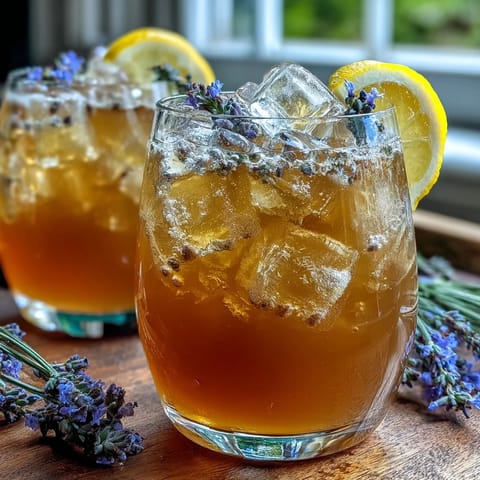 Refreshing lavender honey lemonade pitcher with ice, garnished with lemon slices and lavender sprigs.