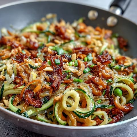 Healthy Easy Zucchini Noodle Stir-Fry with Peanut Sauce, a vibrant bowl of spiralized zucchini tossed in creamy, tangy peanut sauce with crisp veggies.