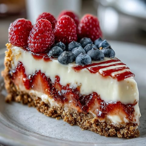 Festive Fourth of July No-Bake Cheesecake Flag Cake with fresh blueberries and strawberries arranged in patriotic stripes.
